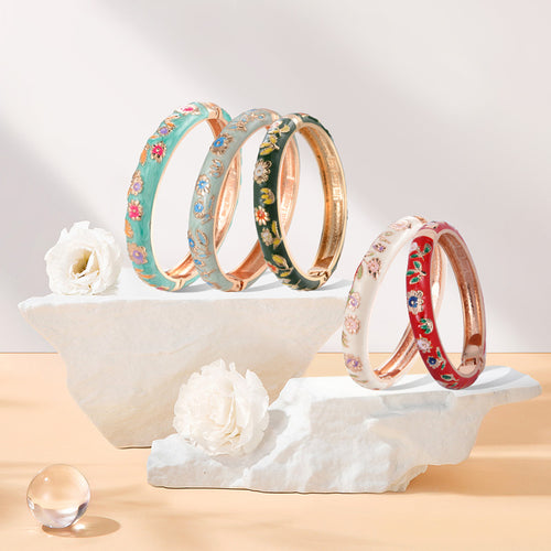 UJOY Bangles 5 Pcs Enamel Jewelry Set of Gold Colorful Flower Cuff Bangles Engraved Cloisonne Bracelets Pack in a Box 5 PCS