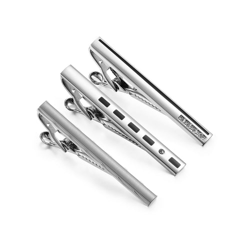 UJOY Tie Clips for Men, 3 Pcs Tie Bars Pinch Clip Set 2.3 Inches Business Shirt Necktie Parts Silver Black