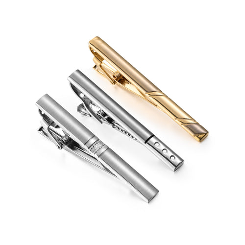 UJOY Tie Clips for Men, 3 Pcs Tie Bars Pinch Clip Set Silver Black 2.3 Inches Business Shirt Necktie Parts