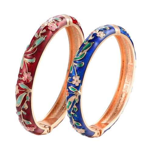 UJOY Vintage Cloisonne Bracelets Cuff Golden Metal Bangles Indian Flower Colorful Enameled Jewelry Gift For Women