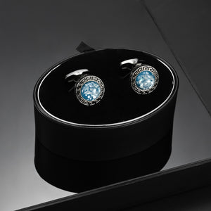 UJOY Dark Silver Color with Blue Stone Decorated Men's Jewelry Cufflinks Shirts for Weddings, Business, Dinner