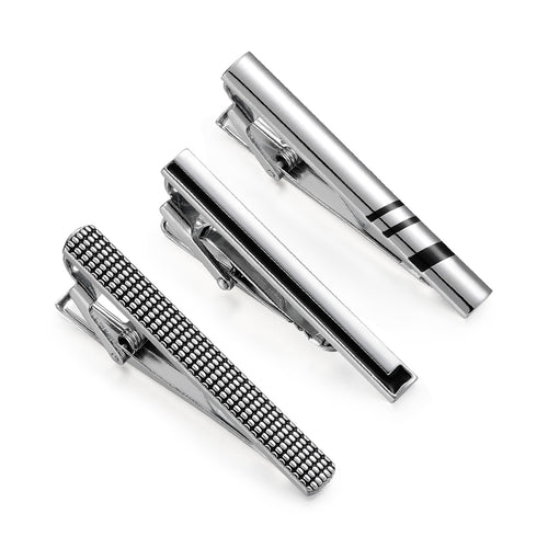 UJOY Tie Clips for Men, 3 Pcs Tie Bars Pinch Clip Set Silver Black 2.3 Inches Business Shirt Necktie Parts