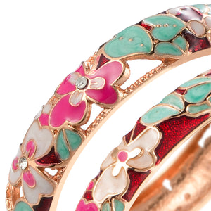 UJOY Fashion Set of Cloisonne Bracelets Gold Plated Flowers Filigree Enameled Womens Gifts Bangles Spring Hinged