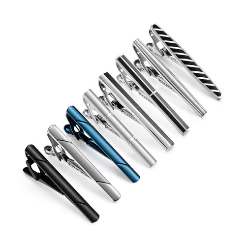 UJOY Tie Clips for Men, 8 Pcs Tie Bars Pinch Clip Set Silver Black Blue 2.3 Inches Business Shirt Necktie Parts