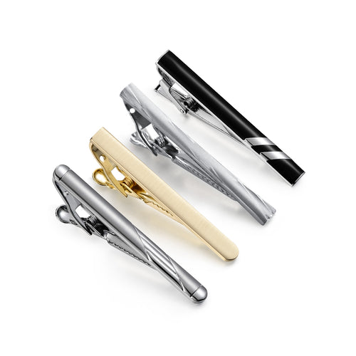 UJOY Tie Clips for Men, 4 Pcs Tie Bars Pinch Clip Set Silver Black 2.3 Inches Business Shirt Necktie Parts