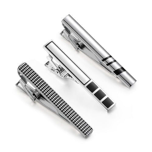 UJOY Tie Clips for Men, 3 Pcs Tie Bars Pinch Clip Set Silver Black 2.3 Inches Business Shirt Necktie Parts